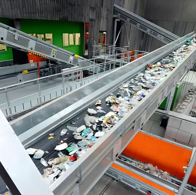 自動化固體廢物分選設備生產線，展示磁選機、篩分機和光學分選機協同工作